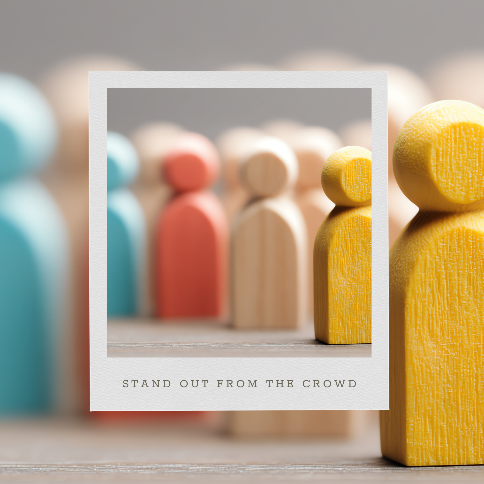 Marketing strategy differentiation - yellow wooden figure standing out from crowd of blue and coral figures representing unique positioning for women entrepreneurs